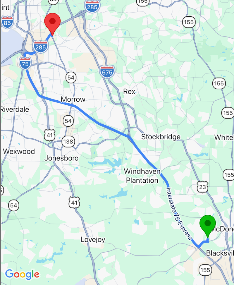 Map preview showing a rental-related trip between a property and a vendor